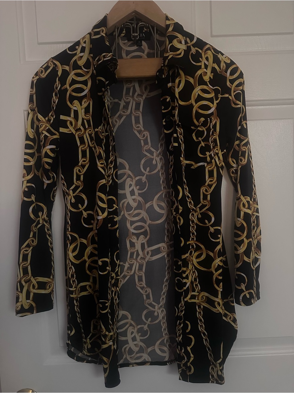 love J Black Sheer Cardigan with Gold Chain Print
